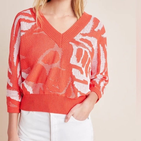 Callahan Knitwear x Anthropologie Jacquard Knit V-Neck Sweater Tangerine NWT - Picture 2 of 9